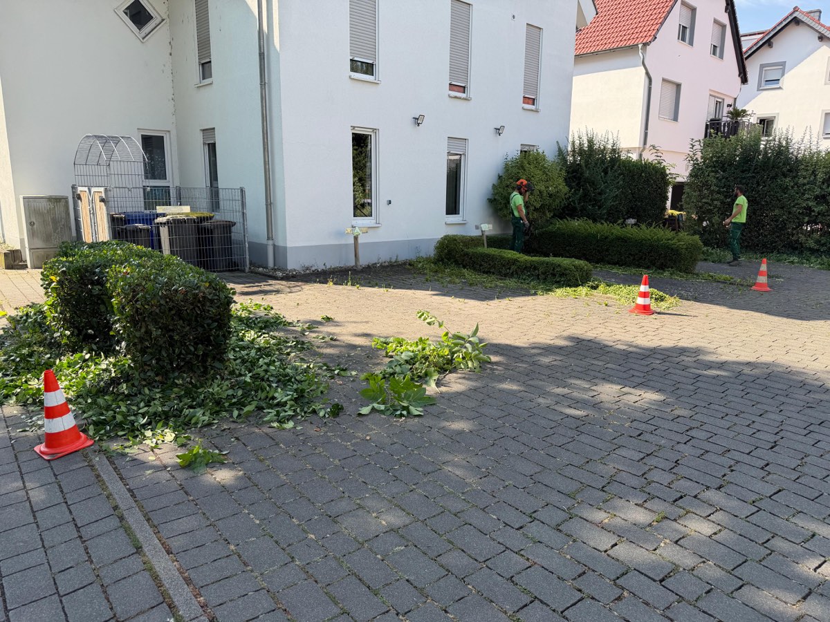 Zwei GÖME-Mitarbeiter beim Heckenschnitt an einer Wohnanlage